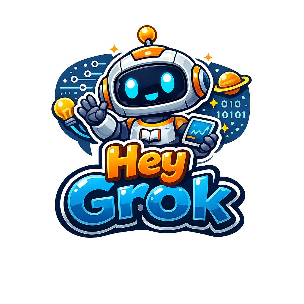 Hey Grok - Your friendly AI assistant ready to help with coding, writing, research, math, creative projects, and answering questions Hey Grok AI Assistant Mascot - An adorable, friendly robot with a silver and white metallic body, bright cyan glowing eyes expressing warmth and intelligence, orange antenna on top, holding a glowing lightbulb representing creative ideas in one hand and a tablet showing data analytics in the other, surrounded by a cosmic space background featuring stars, a Saturn-like planet, binary code 010 10101 representing technology, and circuit board patterns symbolizing artificial intelligence and machine learning capabilities